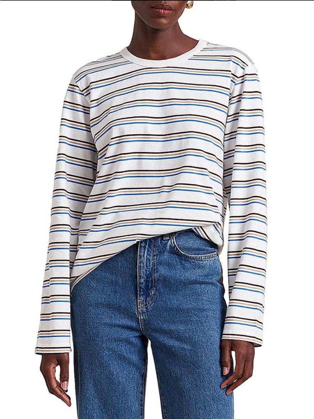 La Ligne White Tee with Blue and Brown Stripes - Small